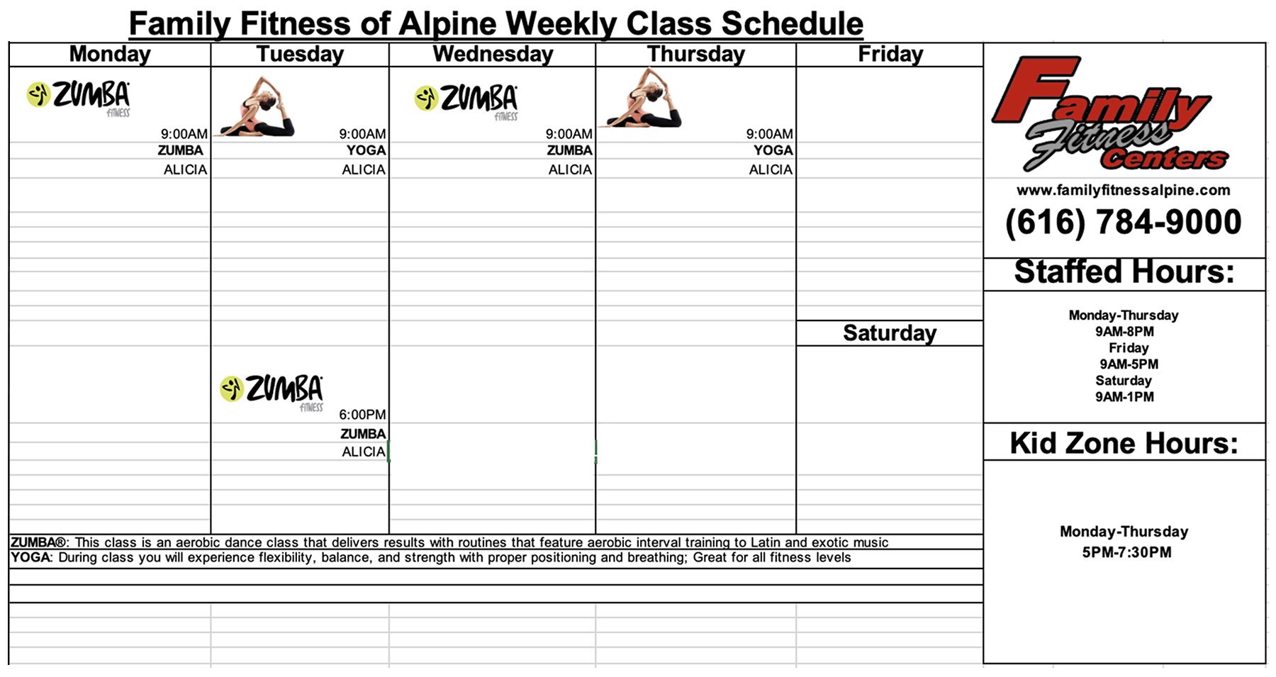 Family Fitness Alpine Class Schedule - Fall 2023